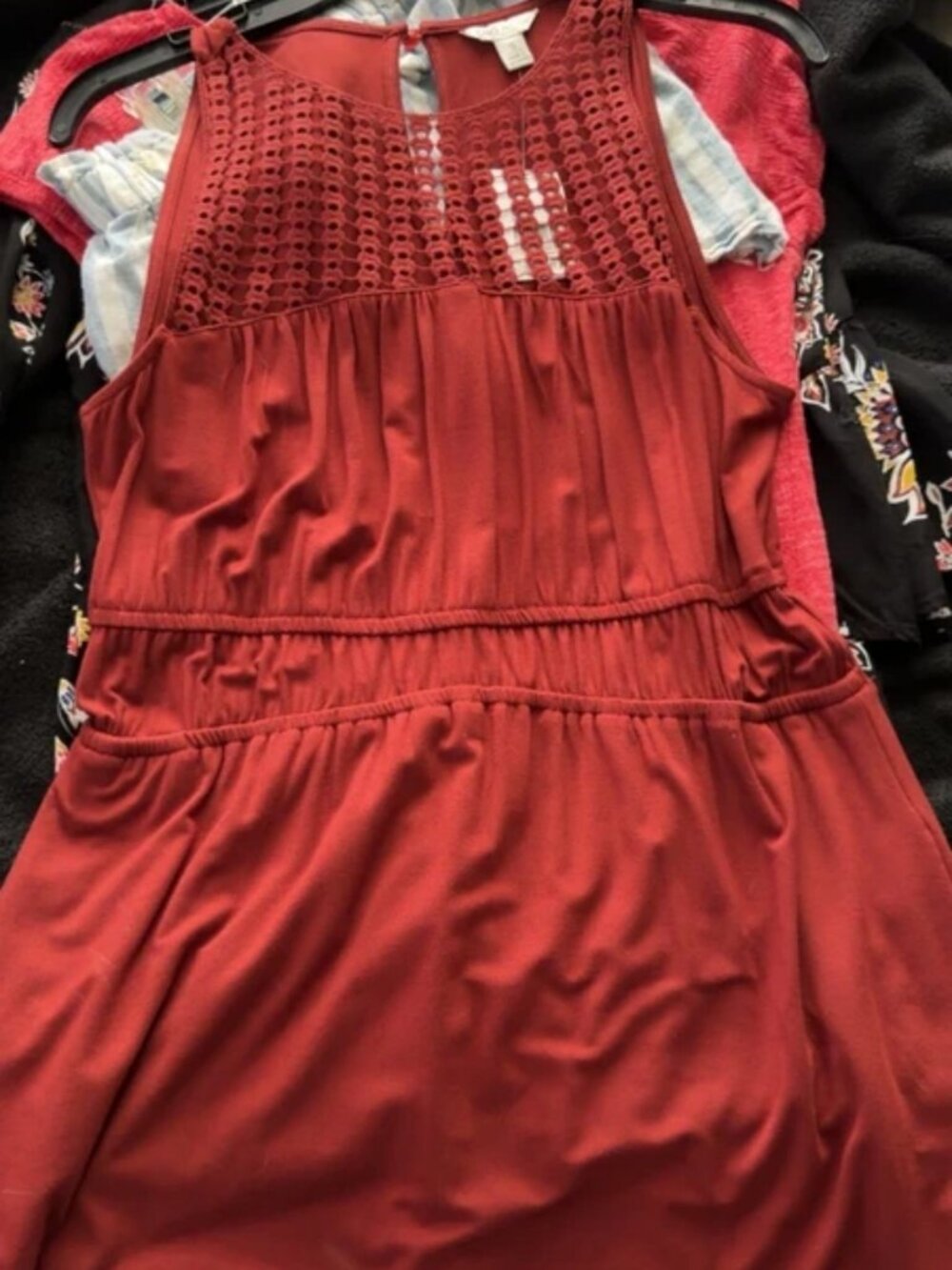rusty red dress.